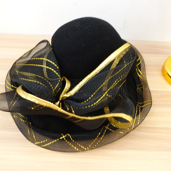 Vintage Sandra New York Hat Black Felt Gold Mesh Bow Kentucky Derby Church Glam main image 5